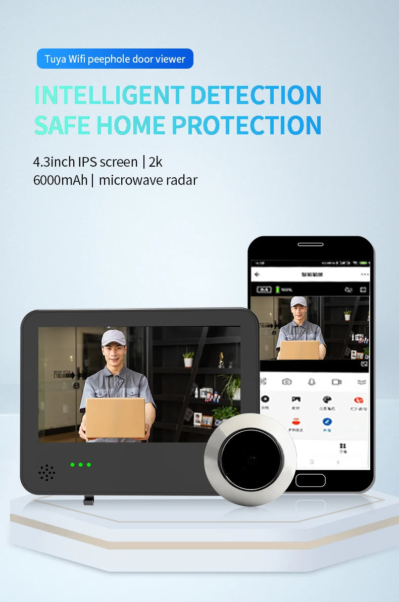 4.3inch Smart Life Door Peephole Camera WiFi Tuya Human Detection 120° 2KHD 3MP IPS Screen Remote Danmini Digital Door Video Eye