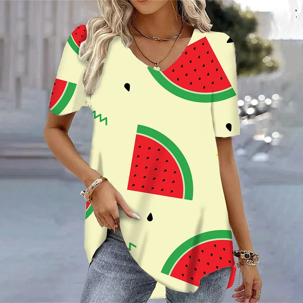 3D Watermelon Printed Women's V-neck Tee Shirts Summer Cool Short Sleeves Tops Fashion Casual Loose Pullovers Female T-shirts