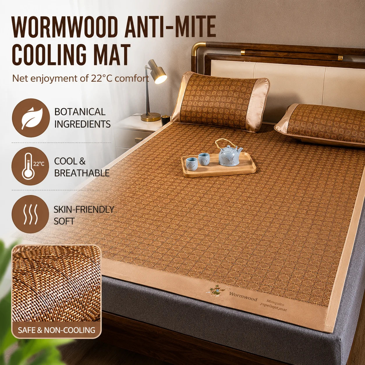Ice Silk Summer Cooling Mat Natural Vine Foldable Double-Sided Bamboo Mat for 1.5/1.8m Bed Naked Sleeping Dormitory Home Use