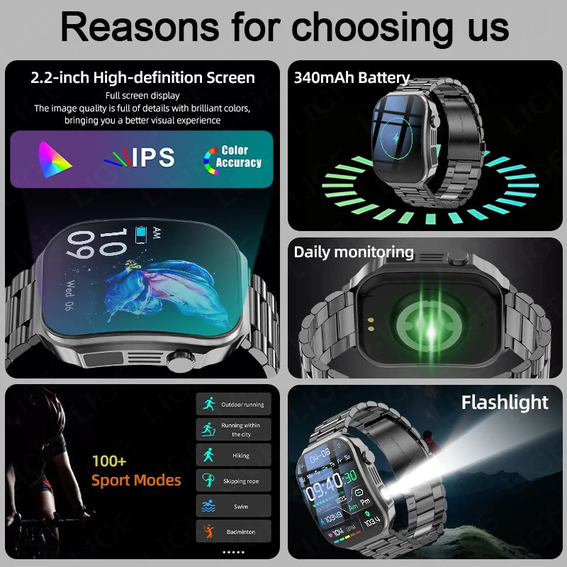 LIGE Nowy smartwatch z zakrzywionym ekranem 3D o przekątnej 2,2 cala z podświetleniem LED, termometrem, monitorem zdrowia, połączeniami BT i funkcjami sportowo-fitnessowymi