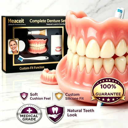 Flexible Moldable Silicone Denture Set, Upper Lower Natural Ivory False Teeth, Instant Smile with Free Toothbrush & Toothpaste