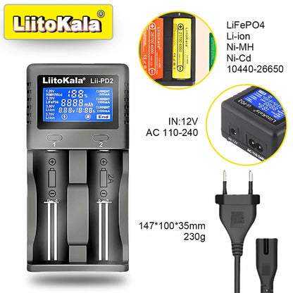 Ładowarka sieciowa LiitoKala Lii-PD4/PD2 LCD, szybkie ładowanie, 4/2 gniazda na akumulatory 21700/18650/AA/AAA, wielokrotne zabezpieczenia, automatyczne wykrywanie