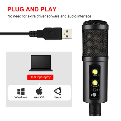 Metal USB Microphone,with Headphone Output,Volume and Echo Control,Mute Button,Condenser Gaming Mic for PC/Laptop,for Singing