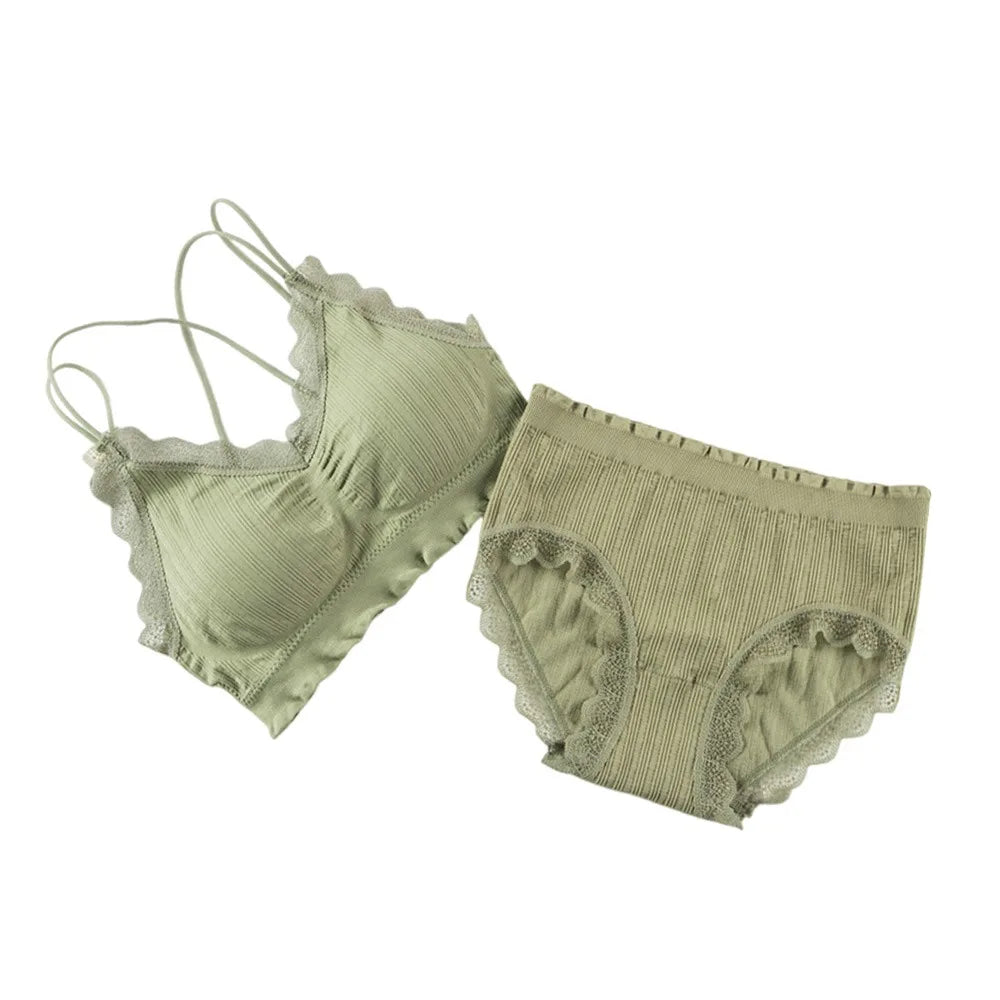 1Set Casual Lace Women Seamless Bra Set V-Neck Breathable Underwear Set Comfortable with Bra Pads Lingerie Set