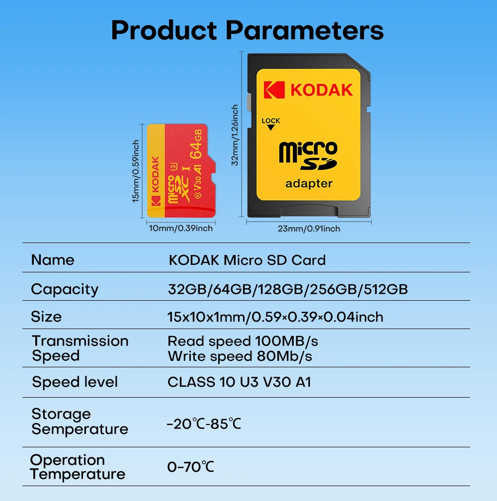 Kodak Mircosd Card with Adapter U3 V30 Class 10 Micro sd Card Memory Card TF Card 32GB/64GB/128GB/256GB Supports 4K & Full HD
