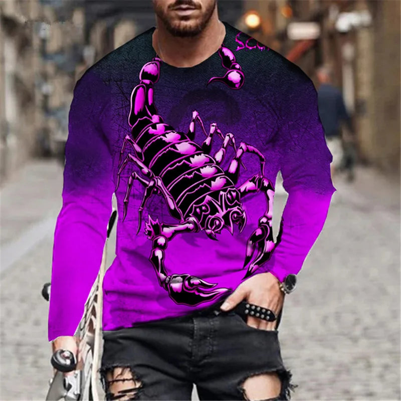 Scorpion 3D Print Long Sleeve Round-Neck Fashion Animal Pattern Men's T-Shirts Streetwear Pullovers Tops Loose Casual Man Tees