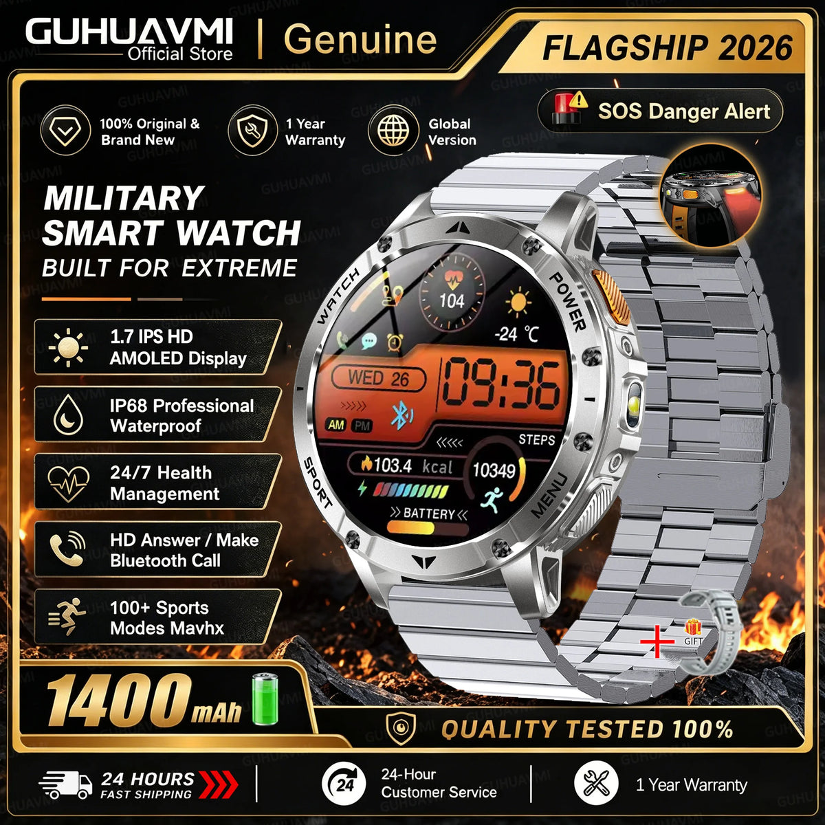 1400mAh Large Battery Military Smart Watch Men 1.7"HD Bluetooth Call 10ATM Waterproof LED Flash SOS Health Monitor Sport Watches