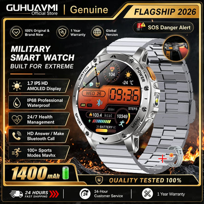 1400mAh Large Battery Military Smart Watch Men 1.7"HD Bluetooth Call 10ATM Waterproof LED Flash SOS Health Monitor Sport Watches