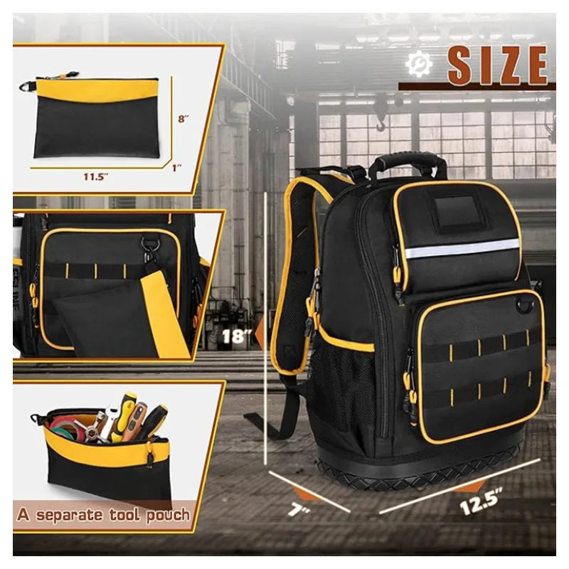 Heavy-duty tool backpack with detachable tool storage pockets, large capacity storage bags, and multi-functional slip pockets.