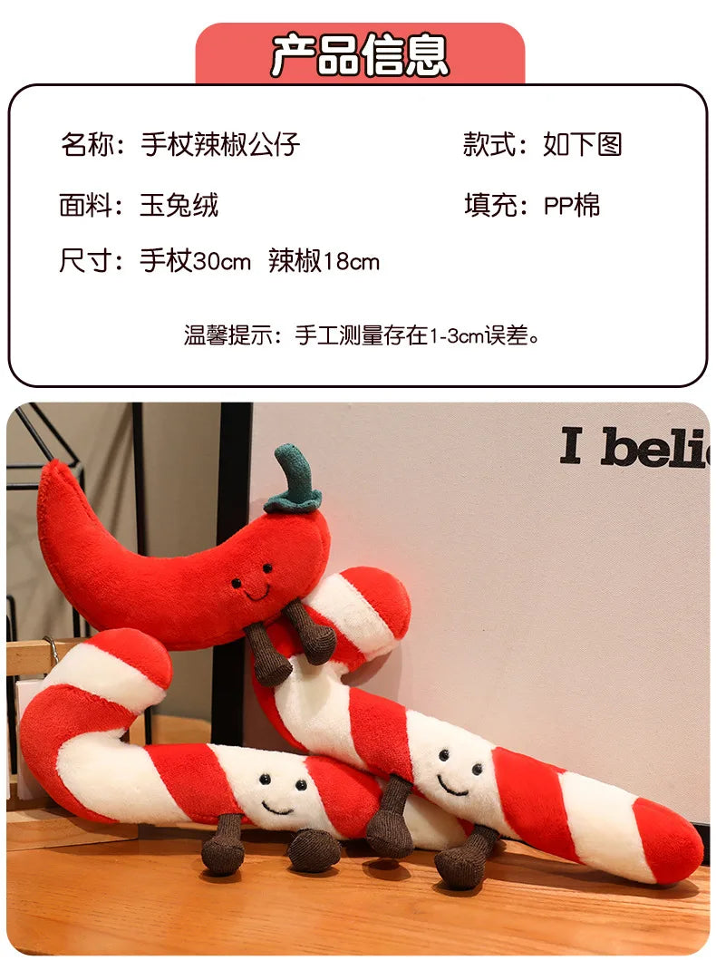 Christmas Bell Pepper and Candy Cane Plush Toy Fun Simulation Chili Peppers and Candy Canes Stuffed Doll Holiday Decor Xmas Gift