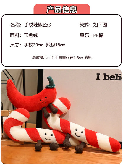 Christmas Bell Pepper and Candy Cane Plush Toy Fun Simulation Chili Peppers and Candy Canes Stuffed Doll Holiday Decor Xmas Gift