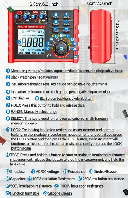 ANENG MH15 Digital Megohmmeter 1000V High Voltage Insulation Test 2000MΩ High Resistance Measurement Electrical Testing Artifact