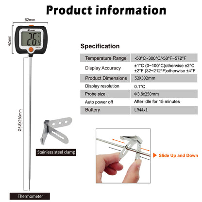 Digital Candy Thermometer with Stainless Steel Probe & Clamp for Sugar Cooking, Syrup Making, Deep Frying – Accurate ±1°F