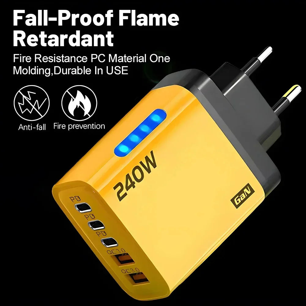240W GaN 2USB+3Type C Desktop Phone Charger With LED Light Multi Ports Quick Charge 3.0 Adapter For iPhone Samsung Huawei Tablet