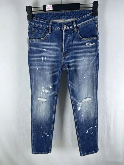 6060 Four Seasons New Men's Washed Ripped Patch Old Slim-fit Straight Black Jeans for Men