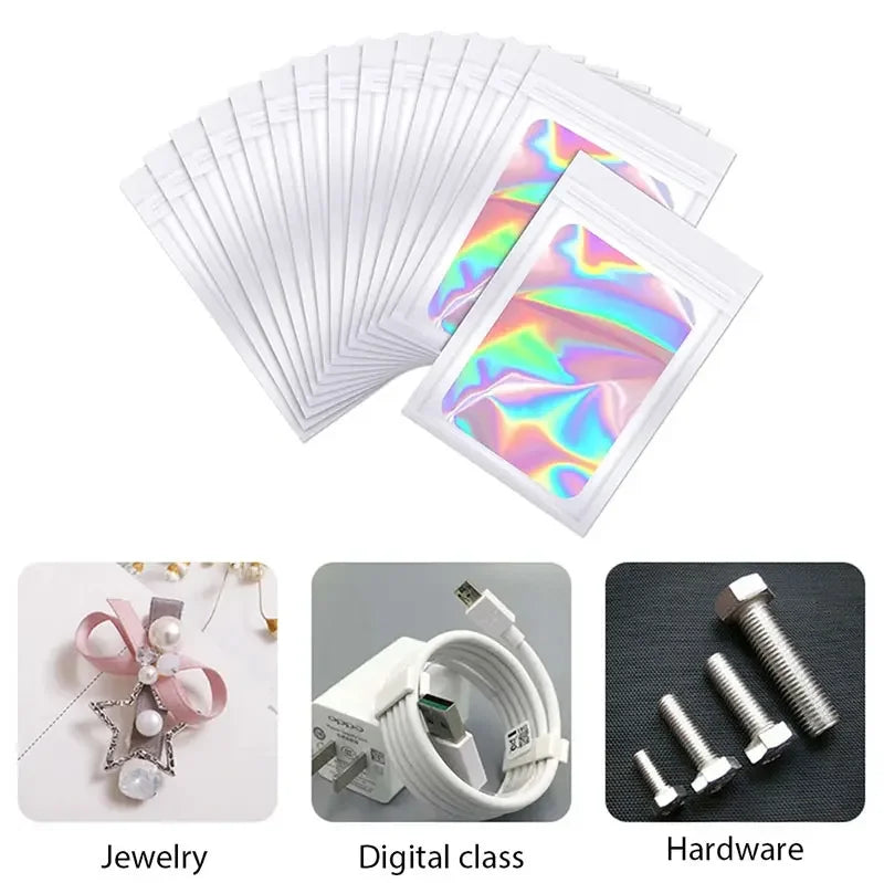 Ziplock Bags 100PCS Holographic Bag Zip Lock Gift Bags Plastic Iridescent Storage Zip Packaging Bags for Earrings Jewelry