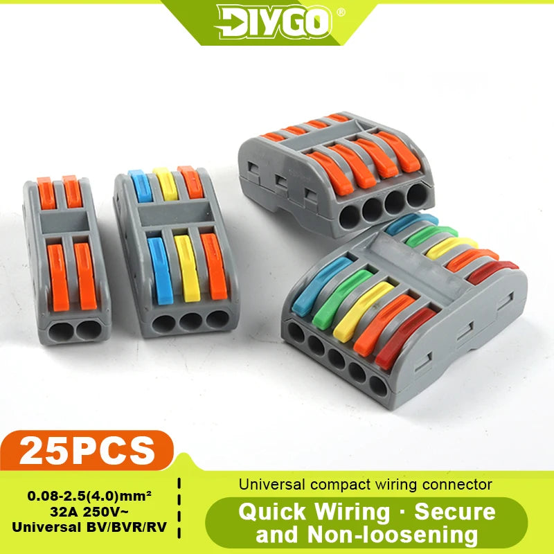 DIY GO 25PCS Universal Compact Fast BUTT Wire Connector Push-in Lever Splice Terminal Block 2/3/4/5 Pin Home LED Lighting Wiring