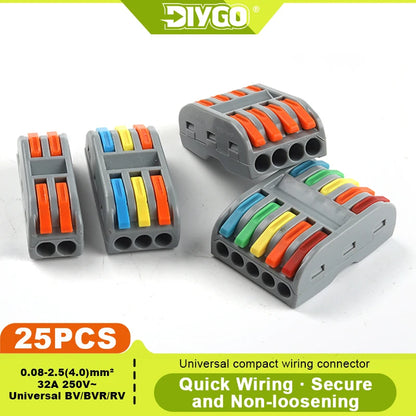 DIY GO 25PCS Universal Compact Fast BUTT Wire Connector Push-in Lever Splice Terminal Block 2/3/4/5 Pin Home LED Lighting Wiring