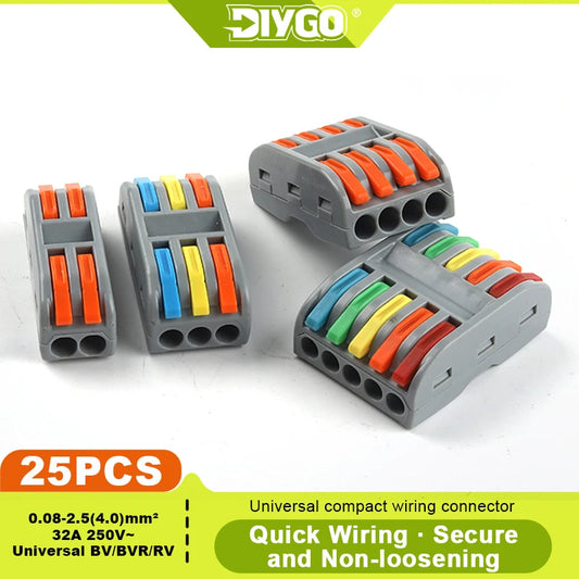 DIY GO 25PCS Universal Compact Fast BUTT Wire Connector Push-in Lever Splice Terminal Block 2/3/4/5 Pin Home LED Lighting Wiring