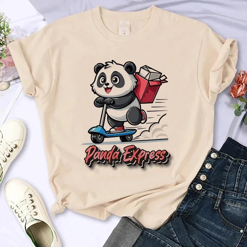 Cartoon Casual Creative T-shirt Vintage Round Neck Clothes Funny Cute Panda Printed T Shirt for Women Summer Sleeve
