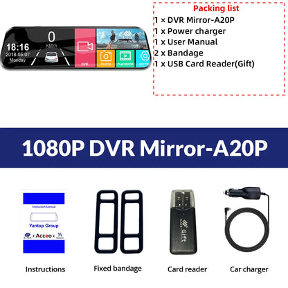 E-ACE 10 Inch Car DVR Mirror Video Recorder 1080P Touch Screen Dashcam For Car AHD Lens Streaming Driving Recorder Dash Camera