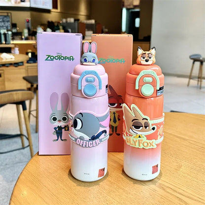 X&W  Zootopia Judy Nick Stainless Steel Insulated Cup Double Drinking Straw Cup Warm and Cold Proof Outdoor Sports Water Bottle