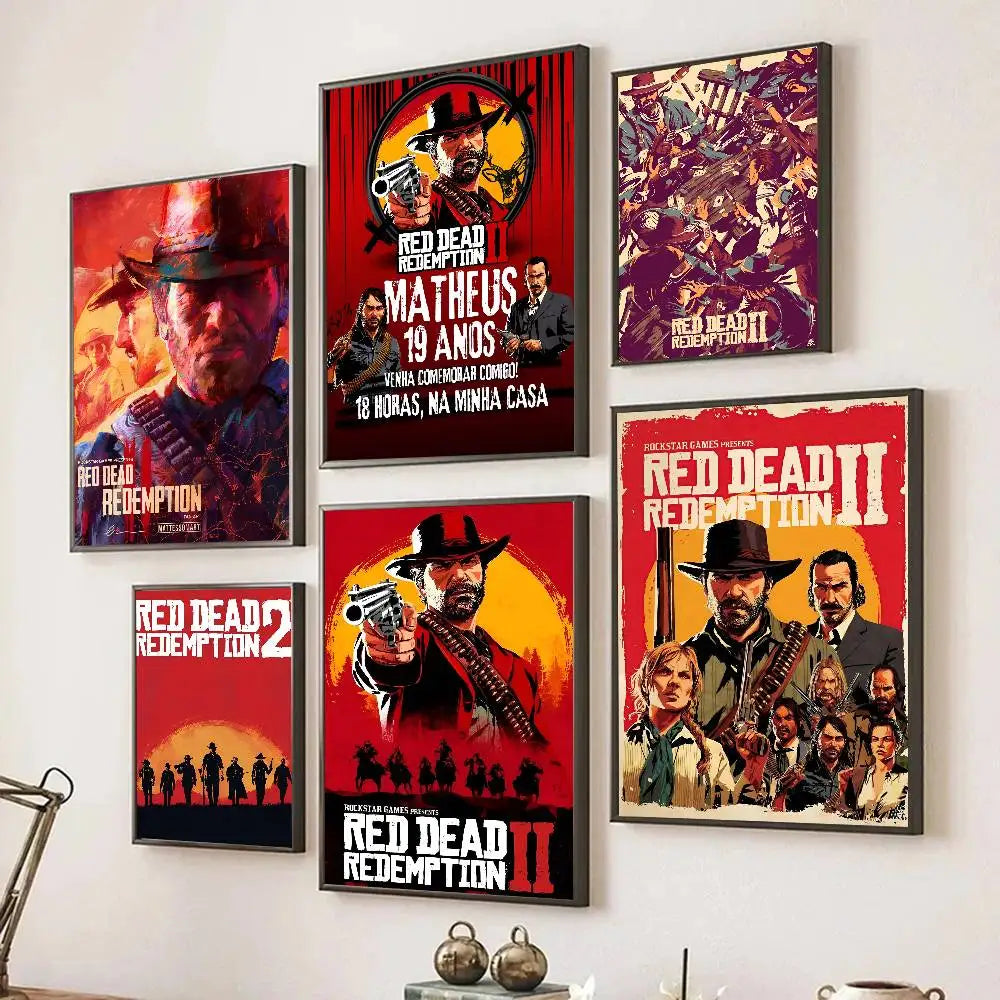 Red Dead Redemption 2 Game Poster Self-adhesive Art Room Entrance Restaurant Wall Decor Art Painting