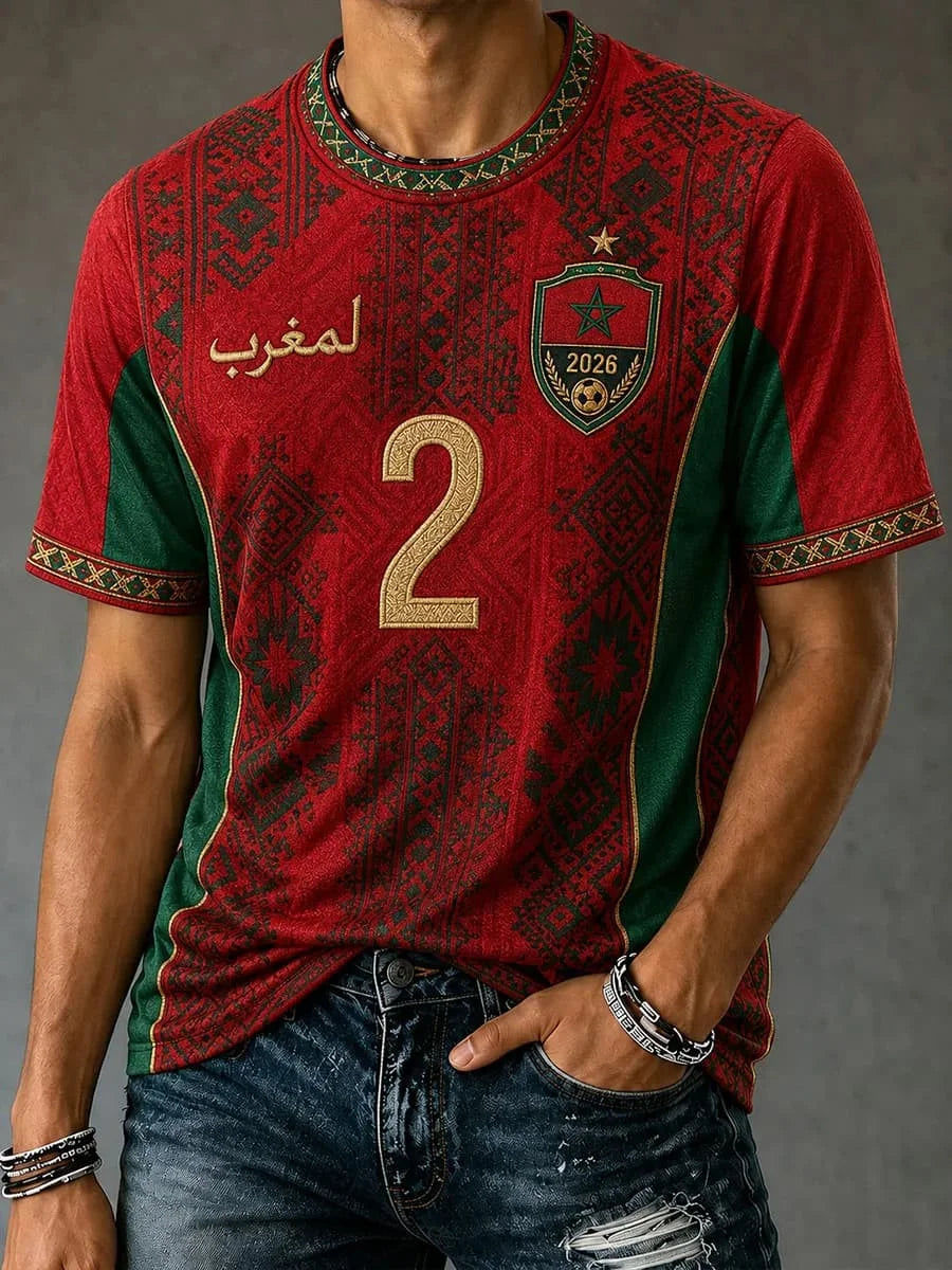 2026 Morocco Fan Football T-Shirt, Red Letter Print Quick Dry Short Sleeve Casual Sports Jersey Unisex