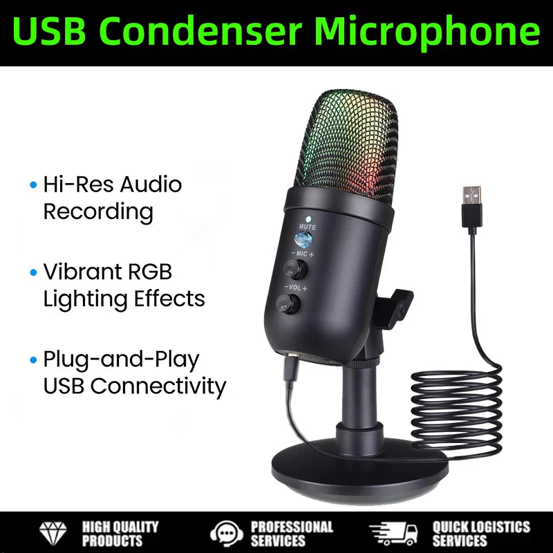 USB Gaming Microphone for PC Condenser Podcast Mic for Studio Recording Headphone Jack RGB Noise Cancellation with Mute Button