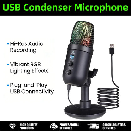 USB Gaming Microphone for PC Condenser Podcast Mic for Studio Recording Headphone Jack RGB Noise Cancellation with Mute Button