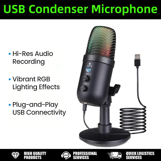 USB Gaming Microphone for PC Condenser Podcast Mic for Studio Recording Headphone Jack RGB Noise Cancellation with Mute Button