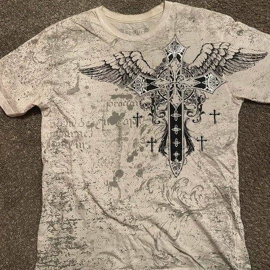 imited Stock Men's Harvester Skull T-Shirt Gothic Wings Cross Print  Vintage Streetwear Soft Breathable FabricL