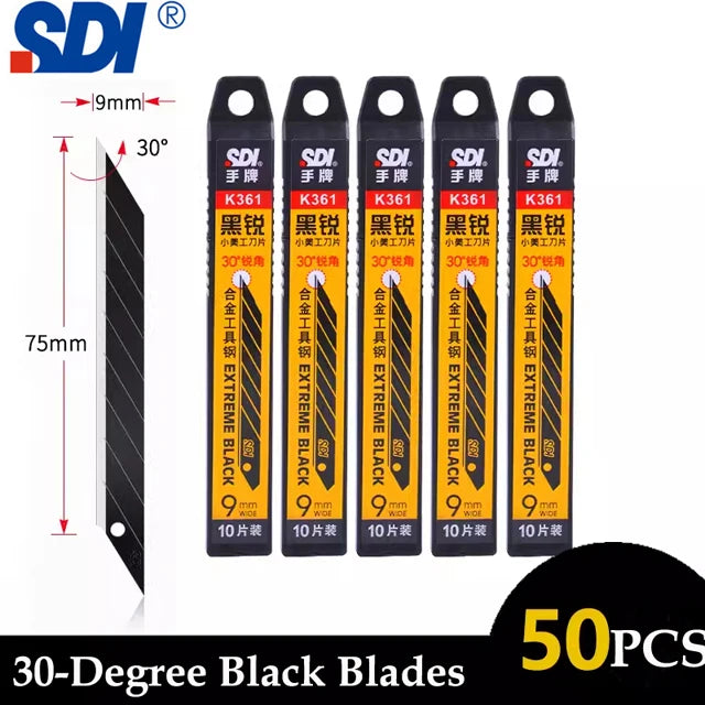 SDI 9mm Anti-Shaking Utility Knife 30-Degree Angle Sharp Black Steel Blades Box Cutter Auto Lock Professional Craft DIY Opener