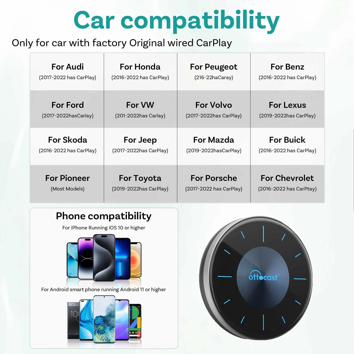 OTTOCAST P3 AI Box Android TV Box for HDMI out Wireless CarPlay Android Auto Car Accessories for Toyota VW Honda Kia Benz Nissan