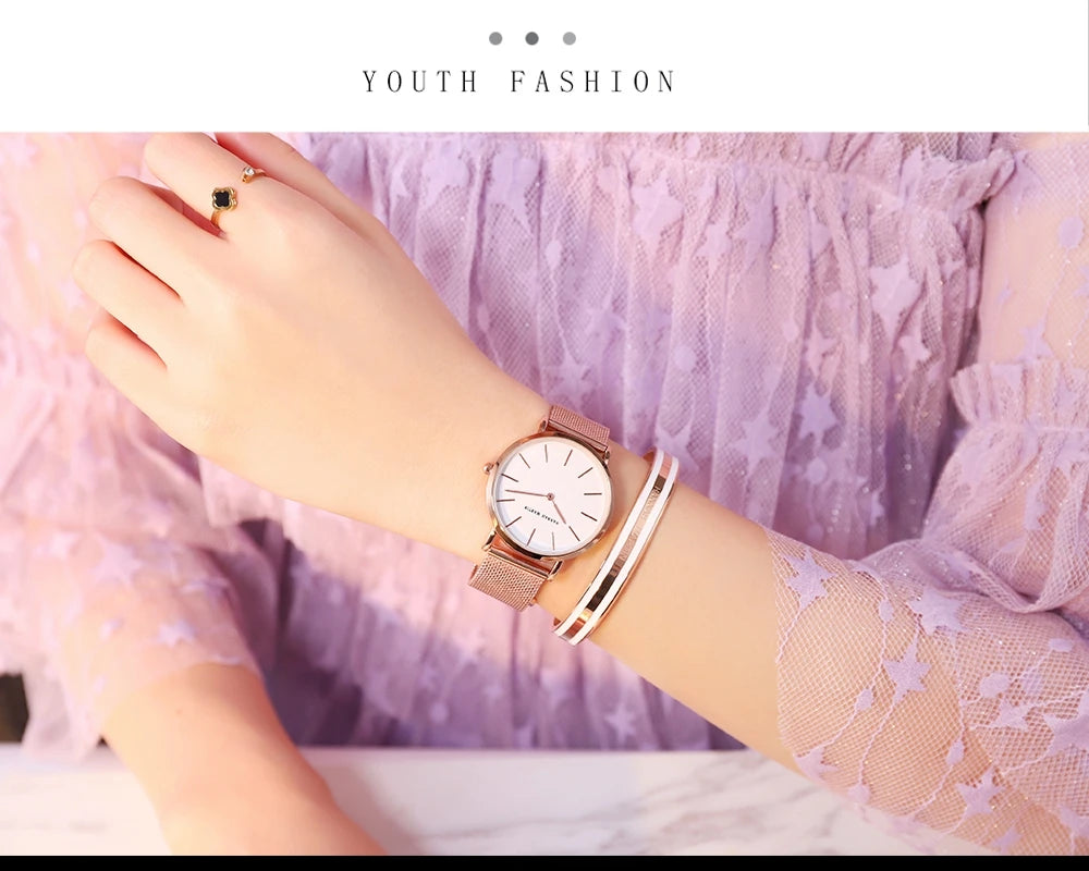 2023 New Women Bracelet Watch 1 Set Japan Quartz Movement Simple Rose Gold Stainless Steel Mesh Student Watches Relogio Feminino