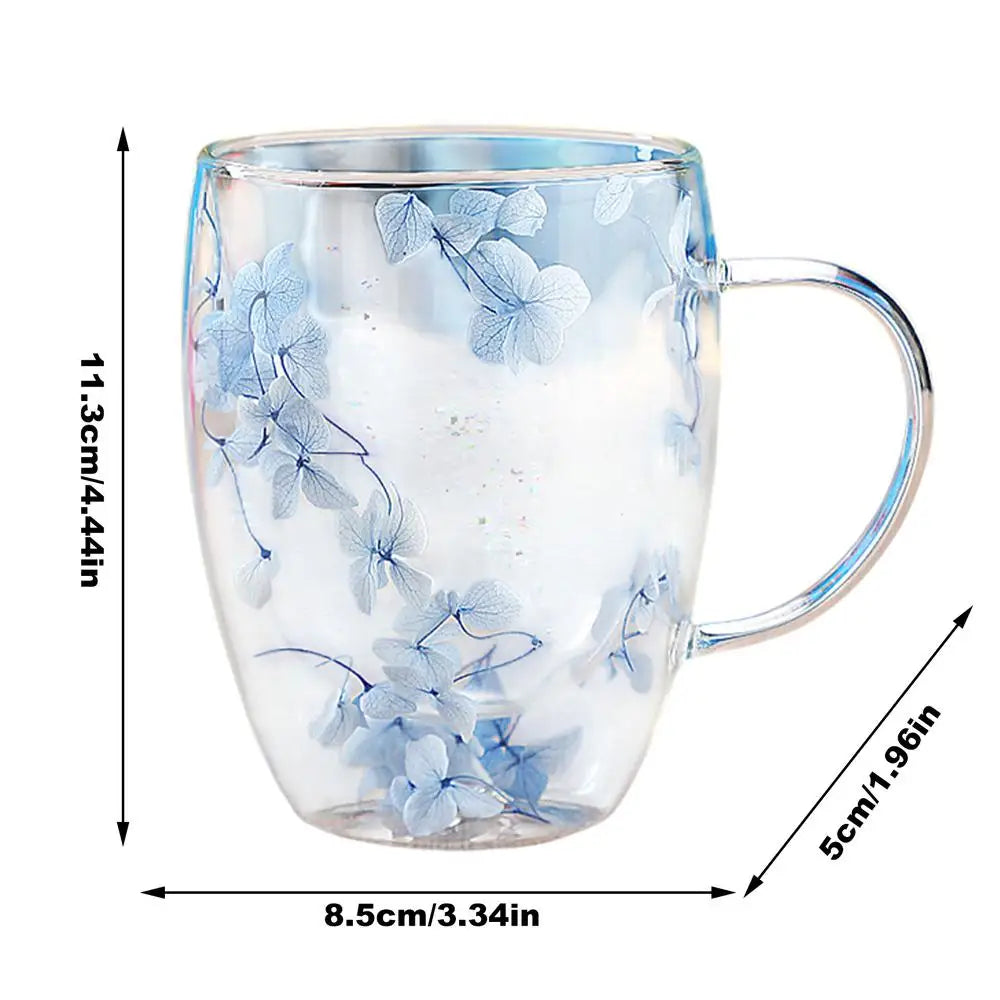 Insulated Layer Flowers Coffee Cup Double Walled Glass Coffee Mug Handle Anti-Scald Glass Mugs Dried Flowers Heat Insulation cup