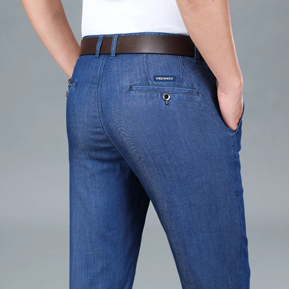 2026 Summer Branded Cloth Men's Business Casual Office Lightweight Lyocell Jeans Medium-high Waist Straight Loose Thin Trousers