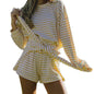 Combhasaki Women 2Piece Striped Y2k Outfits Set Casual Long Sleeve Crew Neck Shirt Tops+Elastic Waist Wide Leg Shorts Tracksuits