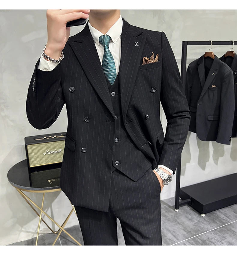 Slim Fit Double-breasted Striped Suit Vest Trousers 3-Piece Set Korean Fashion M-7XL Men's Fashionable Striped Three-piece Suit