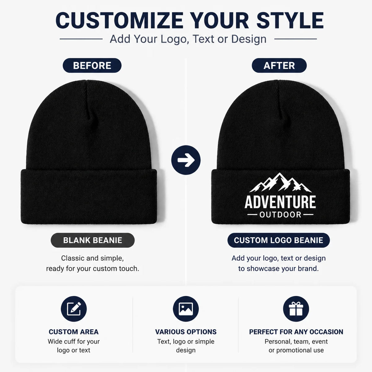 50 custom knit hats, can print personal or team logos, perfect for teams, companies, events, and group gifts
