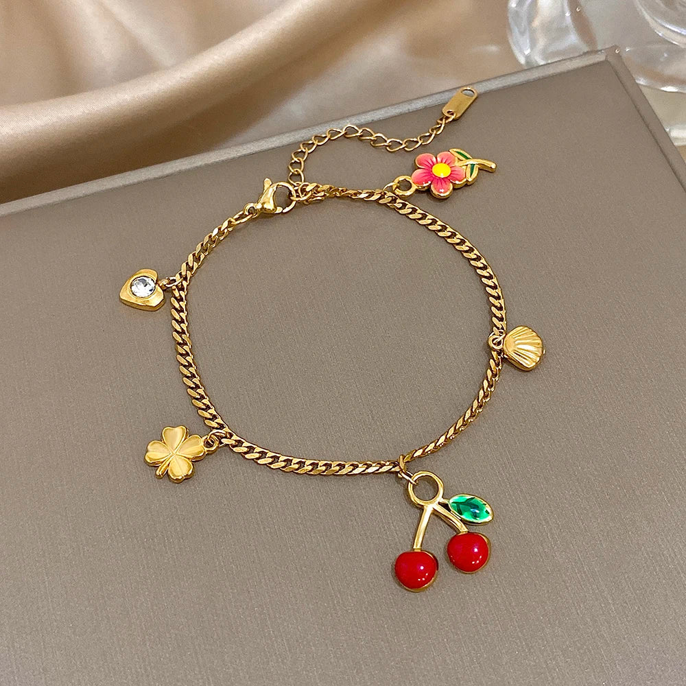 Fashion Gold Plated Stainless Steel Chain Bracelet for Women Cute Star Heart Cherry Tassel Charms Bracelets Waterproof Jewelry