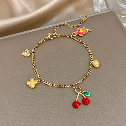 Fashion Gold Plated Stainless Steel Chain Bracelet for Women Cute Star Heart Cherry Tassel Charms Bracelets Waterproof Jewelry