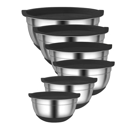 LMETJMA 6 Pcs Stainless Steel Mixing Bowls with Black Lids Kitchen Nesting Salad Mixing Bowl With Non-slip Silicone Bottom JT327