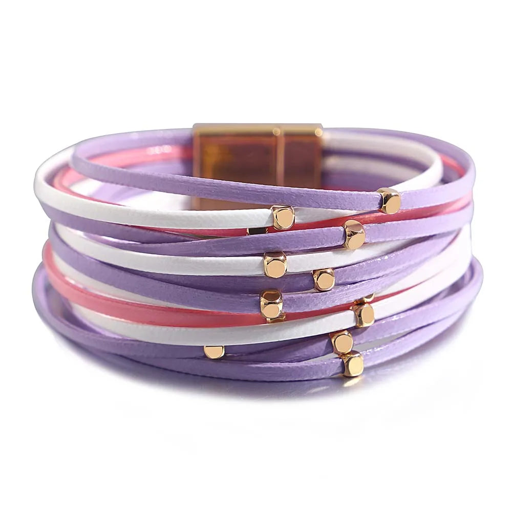 ALLYES Charm Triple Color Leather Bracelet for Women Bohemian Metal Beads Multilayer Thin Strip Wrap Bracelets Fashion Jewelry