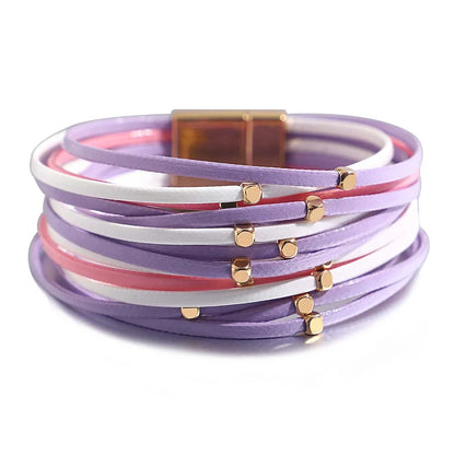 ALLYES Charm Triple Color Leather Bracelet for Women Bohemian Metal Beads Multilayer Thin Strip Wrap Bracelets Fashion Jewelry