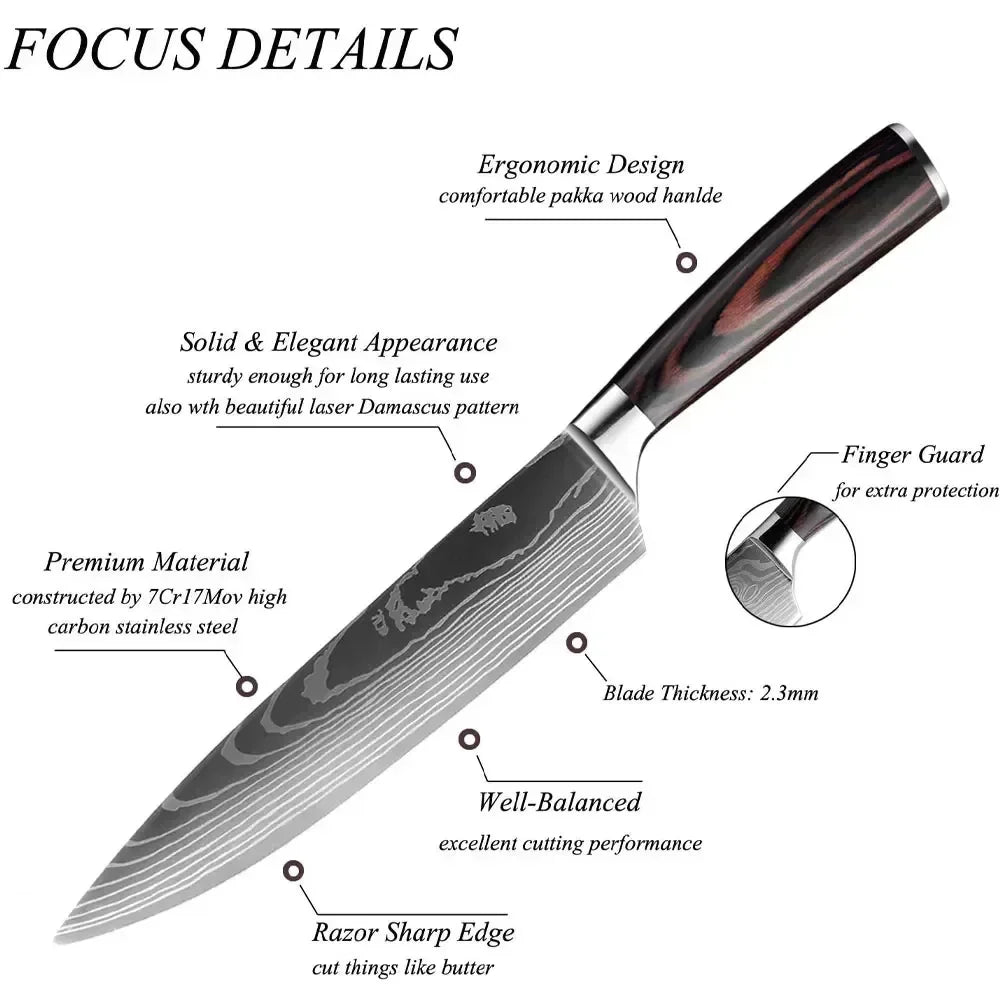 Damascus Chef's Knife Kitchen Knives Set Professional Boning Knife Meat Cleaver Utility Knife Japanese Santoku Knife with Cover