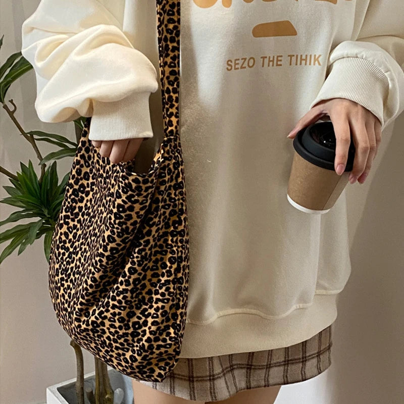 Female Leopard Print Messenger Bag Modern Shoulder Canvas Bag Student Diagonal Large Capacity Straddle Bag
