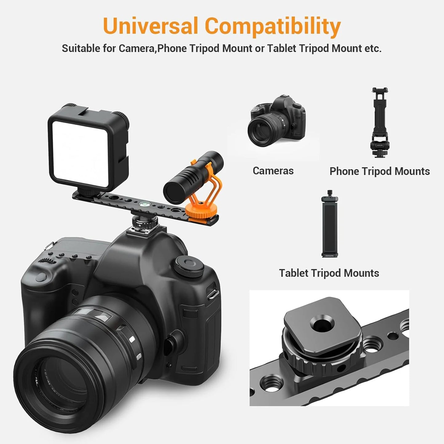 Dual Cold Shoe Mount for Vlogging, Metal Microphone Mount with 1/4" Tripod Screw & 4 Screw Holes for DSLR, Microphone
