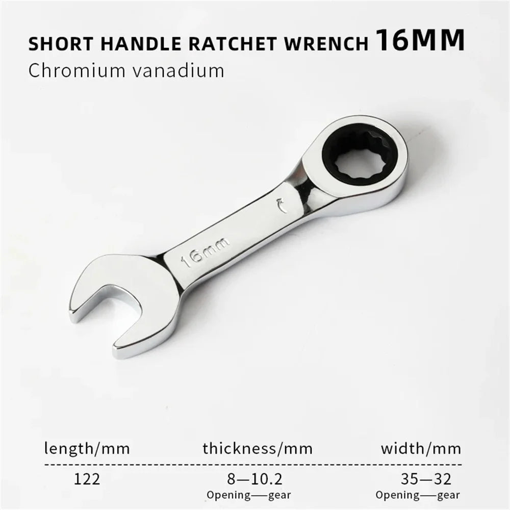 1Set 6mm-19mm Reversible Combination Stubby Single Wrench Stubby Combination 72 Tooth Ratchet Socket Spanner Nut Repair Tools
