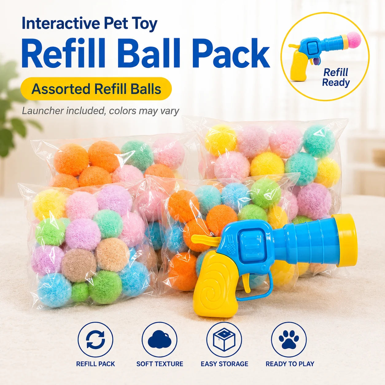Interactive Cat Toy Pom Pom Ball Launcher Quiet Fuzzy Ball Shooter Indoor Chase Play Kit with 100 Colorful Soft Balls for Cats